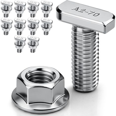 Lot de 10 vis à tête marteau M10 x 30 - En acier inoxydable A2-70 - Vis à tête marteau M10 - Avec écrous à dents de blocage - Écrous à bride M10 - Pour rail de montage solaire PV, serre et profilé en (1/5)