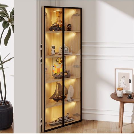 Vitrine d'angle LED en verre 62 x 35 x 160 cm, effet chêne, MDF et verre trempé HAVRYA (1/5)