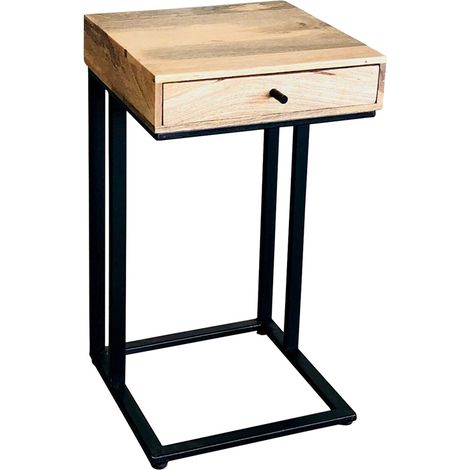 Ravi Iron Base 1 Drawer Large Side Table - Mango Wood - L35 x W35 x H60 cm - Mango Light Finish