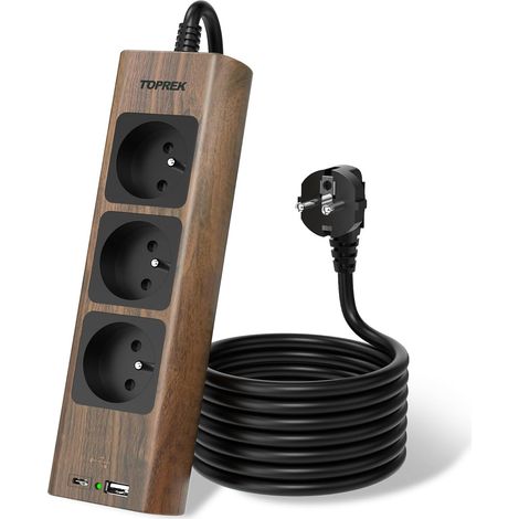 Multiprise USB, Rallonge Multiprise en Finition Bois Marron 1.5M 3 Prises AC Française, 1 USB C et 1 USB A, 1 Interrupteur, 2300W/10A, Protection Contre Les Surtensions (Comprend 2 vis) (1/5)