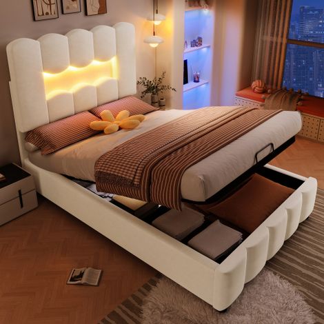Polsterbett, 90 x 200 cm, ohne Matratze, LED-Beleuchtung, mit Hydraulikvorrichtung, verstellbares Kopfteil, Samt, beige