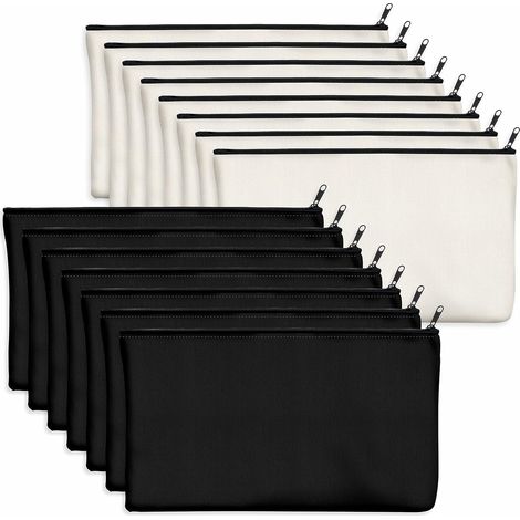 Sachet Coton - Lot de 15 - Toile Écru et Noir - Fermeture Éclair - Rangement Cosmétique et Loisir Créatif - 21 x 12 cm (1/5)