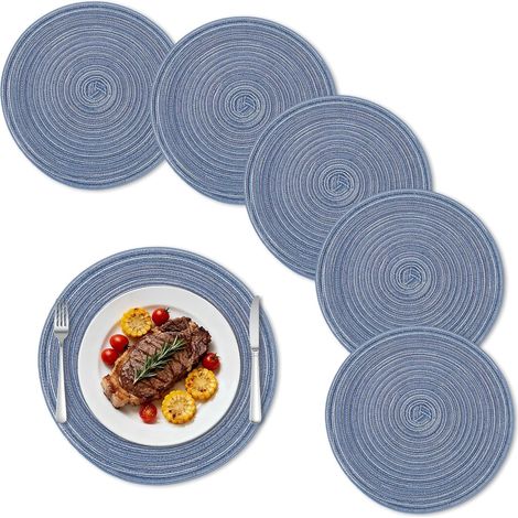 Lot de 6 sets de table ronds en coton, 30 cm, lavables, résistants aux taches et à la chaleur, bleu jeans. (1/5)
