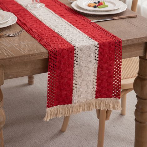 Drape De Table Noël - Coton Tissé - Rouge Et Vert - 30 X 180 Cm - Décoration Festive Pour Table Longue - 1 Pièce