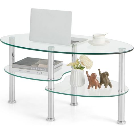 GOPLUS Table Basse en Verre Trempé à 3 Niveaux, Ovale, pour Le Salon, Bureau, Hôtel, Cadre Robuste en Métal et Pieds Antidérapants 89,5 x 50 x 45 CM (1/5)