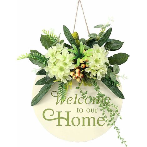 royaluxe- Panneau de bienvenue en bois avec crochets et fleurs artificielles à suspendre, guirlande à bords lisses, couronne pour porte d'entrée, décoration murale de ferme, 30 cm, vert (1/5)