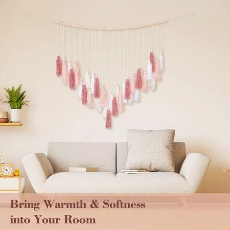 Grande tenture murale en macramé, décoration bohème pour la maison, pompons rose poudré (1/4)