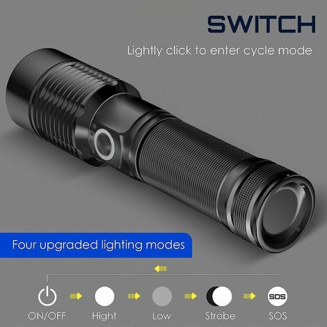 Lampe Torche LED Ultra Puissante - Lampe de Poche Rechargeable 3000 Lumens S6000 Lampe Tactique, Lampe Torche LED Rechargeable USB, 4 Modes Torche Lampe de Poche Intensité Ajustable Zoomable étanche (1/5)