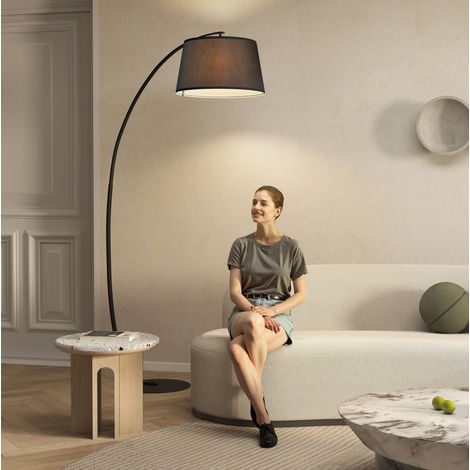 Lampada da terra ad arco in metallo nero con paralume in lino, 190 cm (1/5)