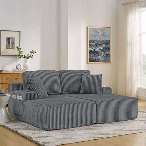 Sofá cama 186x154x78 cm gris con bolsillo lateral, tejido de pana, MEUBLIV (1/5)