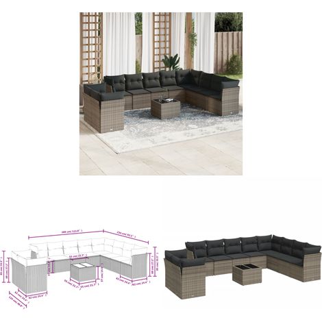 11-tlg. Garten-Sofagarnitur mit Kissen Grau Poly Rattan - Gartenmöbel - Esstischset - Lounge Set - Outdoor Möbel - Rattan Gartenmöbel - Home & Living (1/3)
