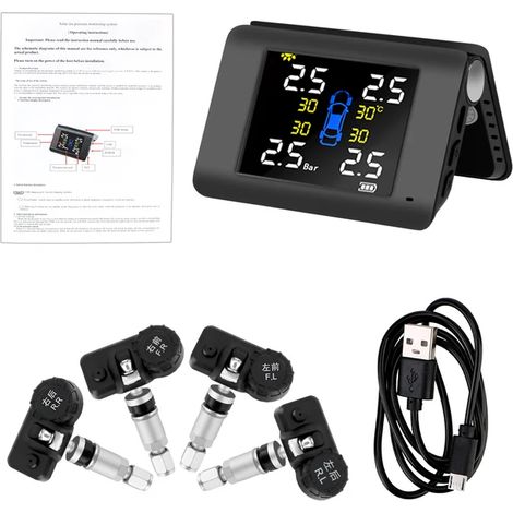 Système de surveillance de la pression des pneus pour véhicules (à énergie solaire interne) avec 4 capteurs externes ou intégrés et affichage LED (1/5)