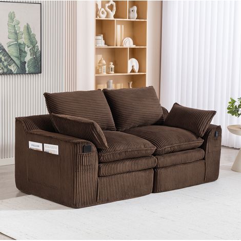 Canapé 2 places en tissu corduroy marron 191x94x85 cm avec poches latérales et coussins (1/5)