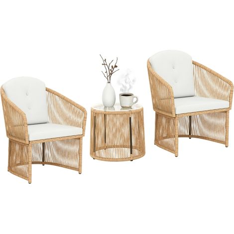 Ensemble de jardin en rotin 3 pièces avec table ronde en verre, chaises et coussins crème pour un extérieur élégant (1/5)