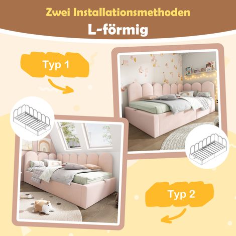 Lit Daybed 90x190 cm, Canapé-lit avec coffre hydraulique, lit enfant à sommier métallique, velours rose, sans matelas (1/5)