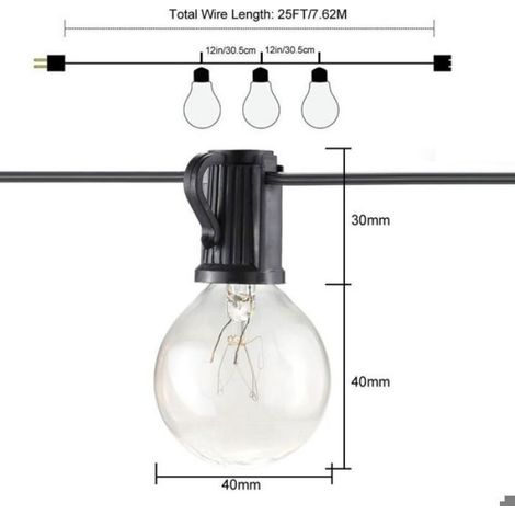 Guirlande lumineuse d'extérieur 7,62m avec 25 ampoules G40 blanc chaud – Imperméable – Raccordable jusqu'à 3 cordes – Pour événemen (1/5)