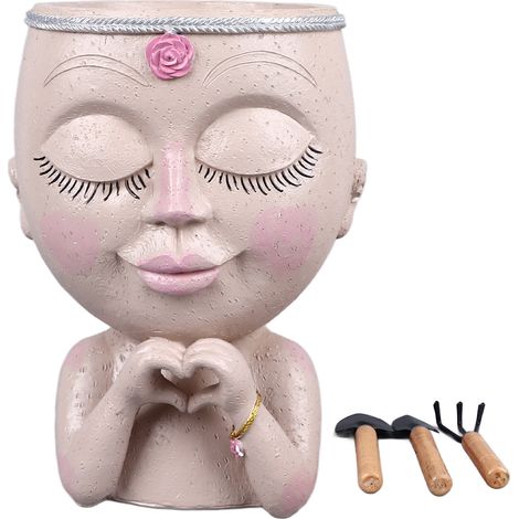 Pot de fleurs en résine en forme de tête de femme, style cœur, avec trou de drainage, pour plantes grasses, intérieur et extérieur, blanc. (1/5)