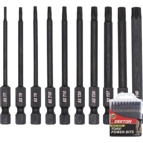 Dekton 10pc Torx S2 Steel Impact Drill Drive Power Bits 75mm Long Bit T10 - T40