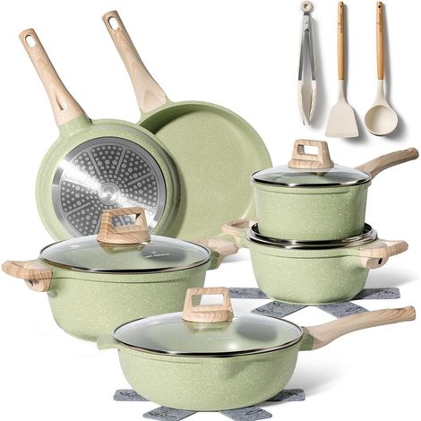 Set di pentole in granito da 15 pezzi, antiaderenti, verde