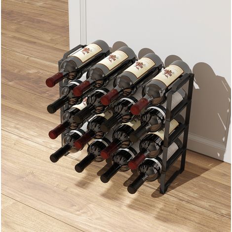 Botellero de vino para 16 botellas y 4 niveles, apilable, metal negro HAVRYA (1/3)