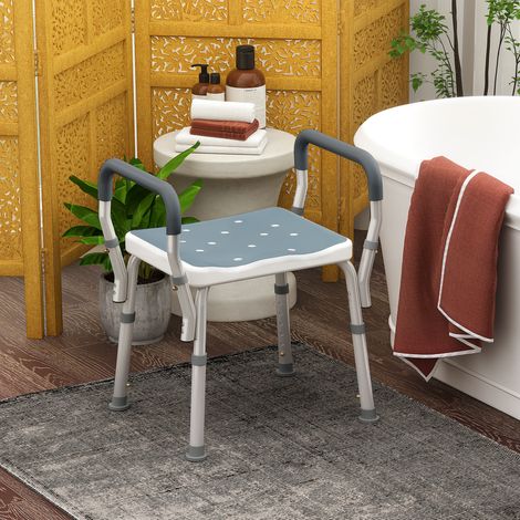 Sgabello da doccia regolabile in altezza per anziani o persone con mobilità ridotta, 52x45x69 cm, bianco e seduta blu.