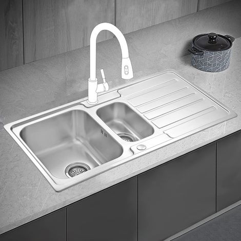 JASSFERRY Brilliant Stainless Steel Kitchen Sink 1.5 Square Bowl Rome Style Reversible Drainer with Strainer Waste 970 x 500 mm (1/5)