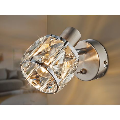 LED Wandstrahler mit Schalter & Glaskristallen Silber matt, Breite 9cm (1/5)