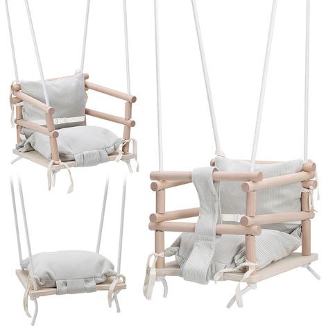 Wolketon Altalena da bambino con seduta in legno, cuscino beige e corde regolabili in altezza