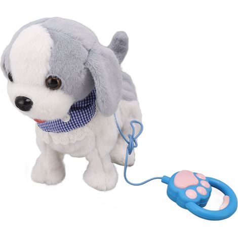 Chiot interactif en peluche électronique gris, qui marche et aboie, avec télécommande et laisse. (1/5)