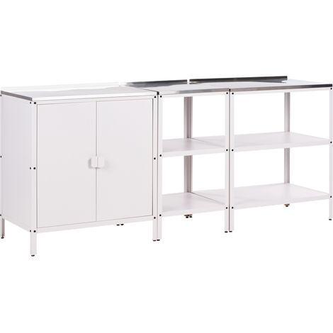 Conjunto de 2 islas de cocina y 1 armario exterior de acero inoxidable blanco Vilama (1/5)