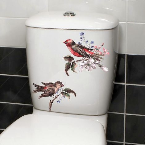Sticker mural pour toilettes en PVC, motif fleurs et oiseaux, 30 x 30 cm (1/5)