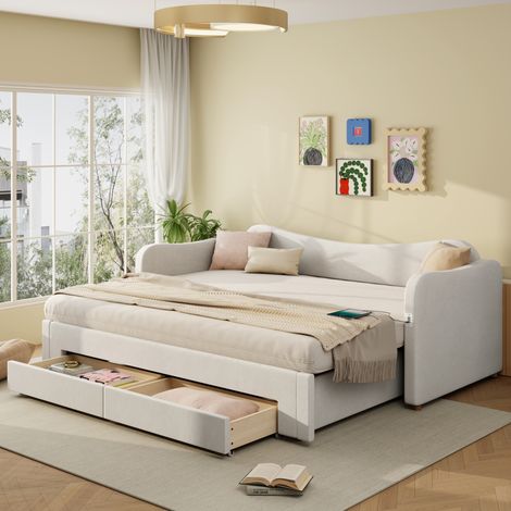 letto contenitore 90x200 estensibile USB velluto beige HAVRYA (1/5)