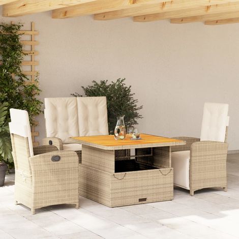 Set de comedor jardín con cojines 4 pzas ratán sintético beige
