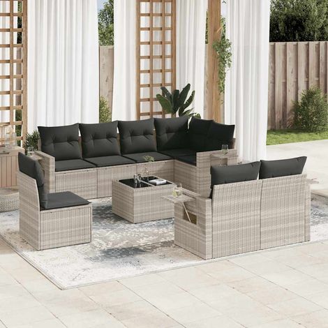Set muebles jardín 9 pzas y cojines ratán sintético gris claro vidaXL (1/5)