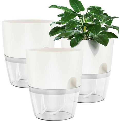 Pots de fleurs en plastique à réserve d'eau, lot de 3, blancs, 15,3 cm, en coton, grande capacité, réservoir d'eau, pour plantation intérieure et extérieure (1/5)