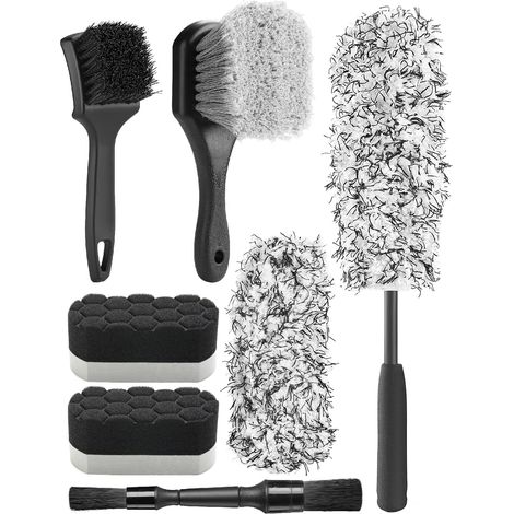 7 Pièces Lot de Brosse Nettoyage Voiture Brosse à Jantes en Microfibre, Brosses à Roues et Pneus, Pinceau Detailing Double-Embout, Éponges de Polissage (1/5)