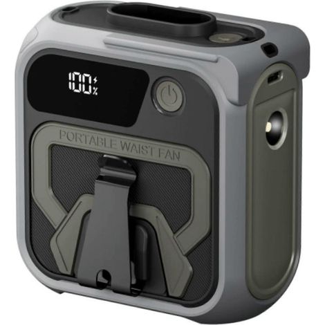 Ventilateur portable à clip ceinture amélioré 2025, grande capacité 10 000 mAh, 5 vitesses de ventilation, avec lampe torche et PowerGrey (1/5)