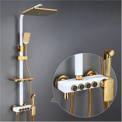 Ensemble de douche mitigeur thermostatique intelli Ensemble de douche numérique chaud et froid robinet système de douche de salle de bains robinet de douche en or noir pommeau de douche carré système (1/5)