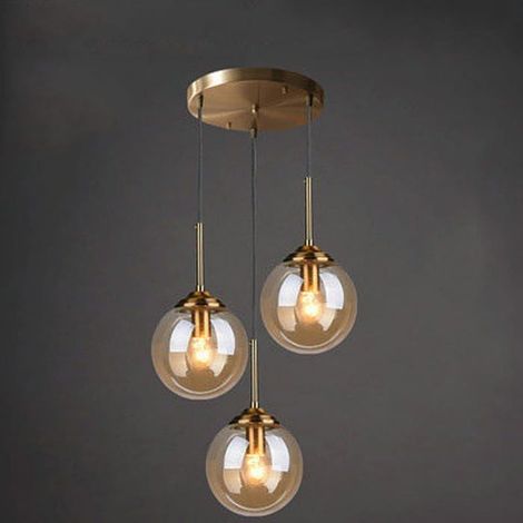 Suspension 3 Lumières Boules Verre Ambre Laiton - Lustre Industriel Vintage E27 - Hauteur Réglable pour Salle à Manger et Salon (1/5)