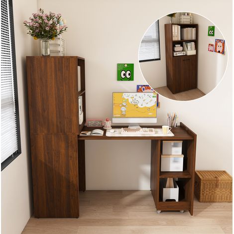 Bureau extensible avec armoire de rangement, étagères réglables et roulettes, en MDF bois foncé, compact pour chambre, salon ou bureau à domicile – CHICFURN (1/5)