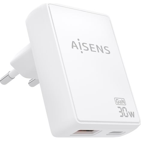 AISENS - CARGADOR DE PARED GaN ULTRA DELGADO 30W, 1xUSB-C PD3.0 QC4.0, 1xUSB-A QC3.0, BLANCO