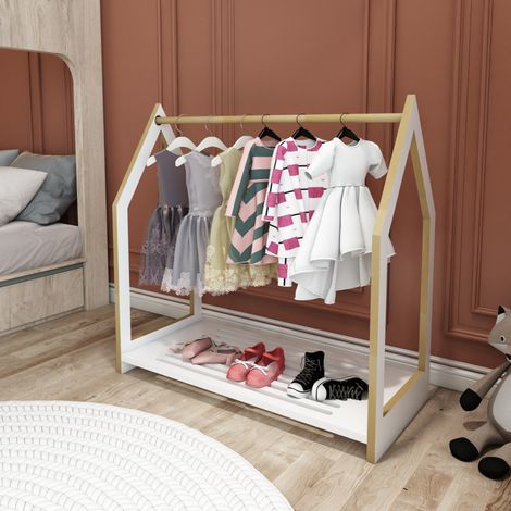 Stand Appendiabiti a Forma di Casetta 'Langeskov' Organizzatore Guardaroba per Cameretta con Barra e Piano di Appoggio Porta Abiti a Misura di Bimbi - Bianco [en.casa] (1/5)