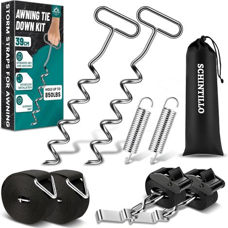 Awning Tie Down Kit, Storm Straps with 39 cm Spiral Ground Anchors, 110 km/h Resistant, 850 Lbs Exzellenter Griff, Tool-free Installation