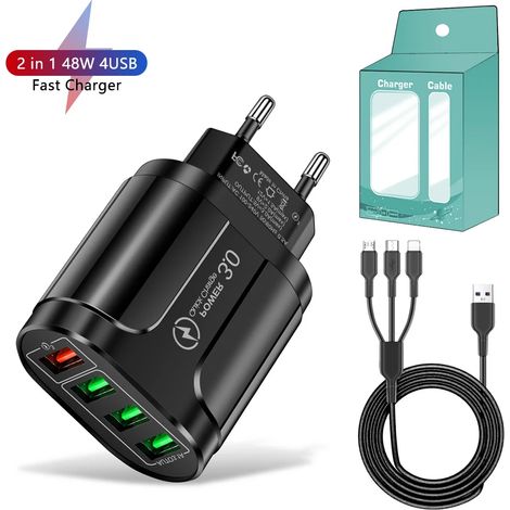 Chargeur mural 4 ports USB 45 W, charge rapide QC 3.0, compatible iPhone 15 et 14, Samsung et Xiaomi, avec adaptateur secteur UE pour les voyages. (1/5)