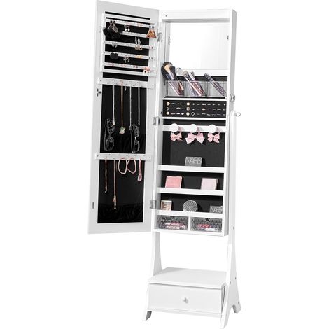 Armoire à Bijoux avec Miroir Pleine Longueur, Organisateur de Bijoux sur Pied avec Rangement, Meuble de Rangement pour Bijoux Verrouillable, Doublure en Velours, LED Intérieur, Tiroir, bLANC (1/5)