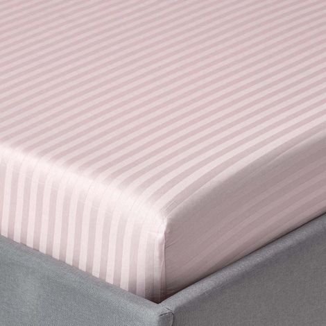 HOMESCAPES Dusky Pink Violet Egyptian Cotton Satin Stripe Fitted Sheet 330 Thread Count, Single - Dusky Pink Violet