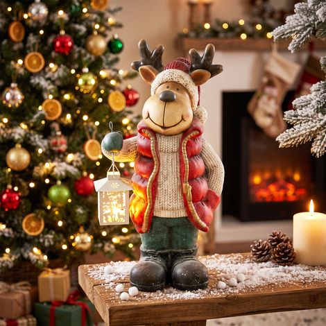 Décoration de Noël, renne avec lanterne, LED, fonctionne sur piles, 25,5 x 19,5 x 52 cm, rouge (1/5)