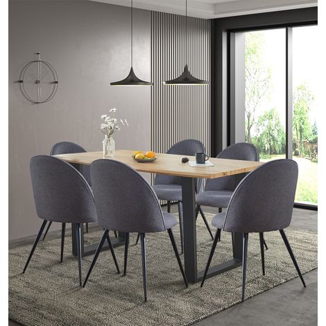 Hallowood Furniture Cullompton Live Edge Dining Table and Chairs Set 6, Large Dining Table with 6 Chairs in U-Shaped Metal Legs and Dark Grey Fabric Seats Perfect for Home or Cafes (1/5)