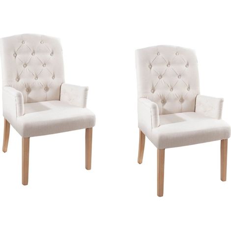 Lote de 2 sillas de mesa REGINA beige capitonadas – Apoyabrazos acolchados y patas de madera maciza clara (1/5)