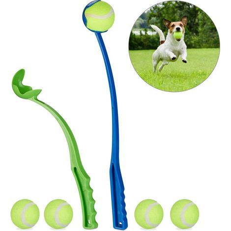 Lanzador de pelotas para perros, paquete de 2 lanzadores de pelotas, incluye 5 pelotas de tenis, para perros, azul/verde (1/5)